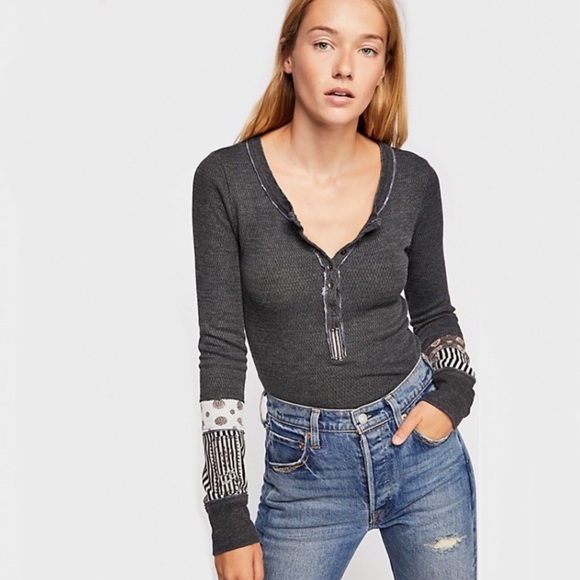 Free People Tops - NWOT Free People Grey Patched Railroad Henley